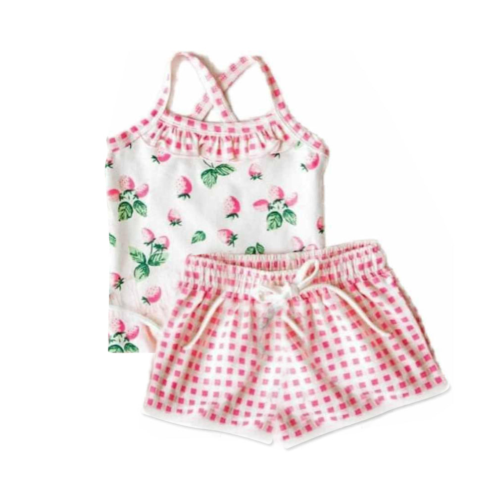 GSSO0866 Girls pink suspender shorts summer suit