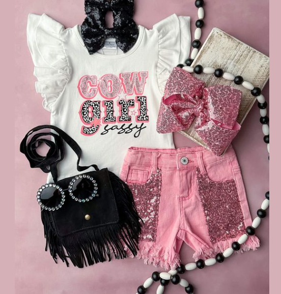 GSSO0876 pre-order baby girl clothes cowgirl toddler girl pink summer jeans shorts outfits