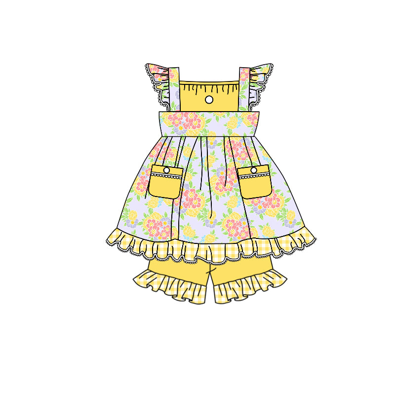 GSSO0879 girls yellow flower flying sleeve with pocket shorts suit
