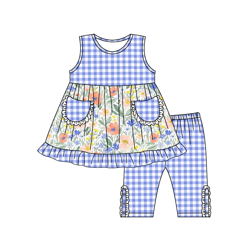 GSSO0908 Girls flower blue grid sleeveless pants suit