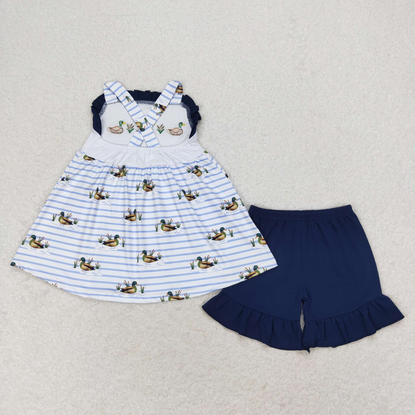 RTS NO MOQ(In Stock) Embroidery three duck striped navy blue lace sleeveless shorts set