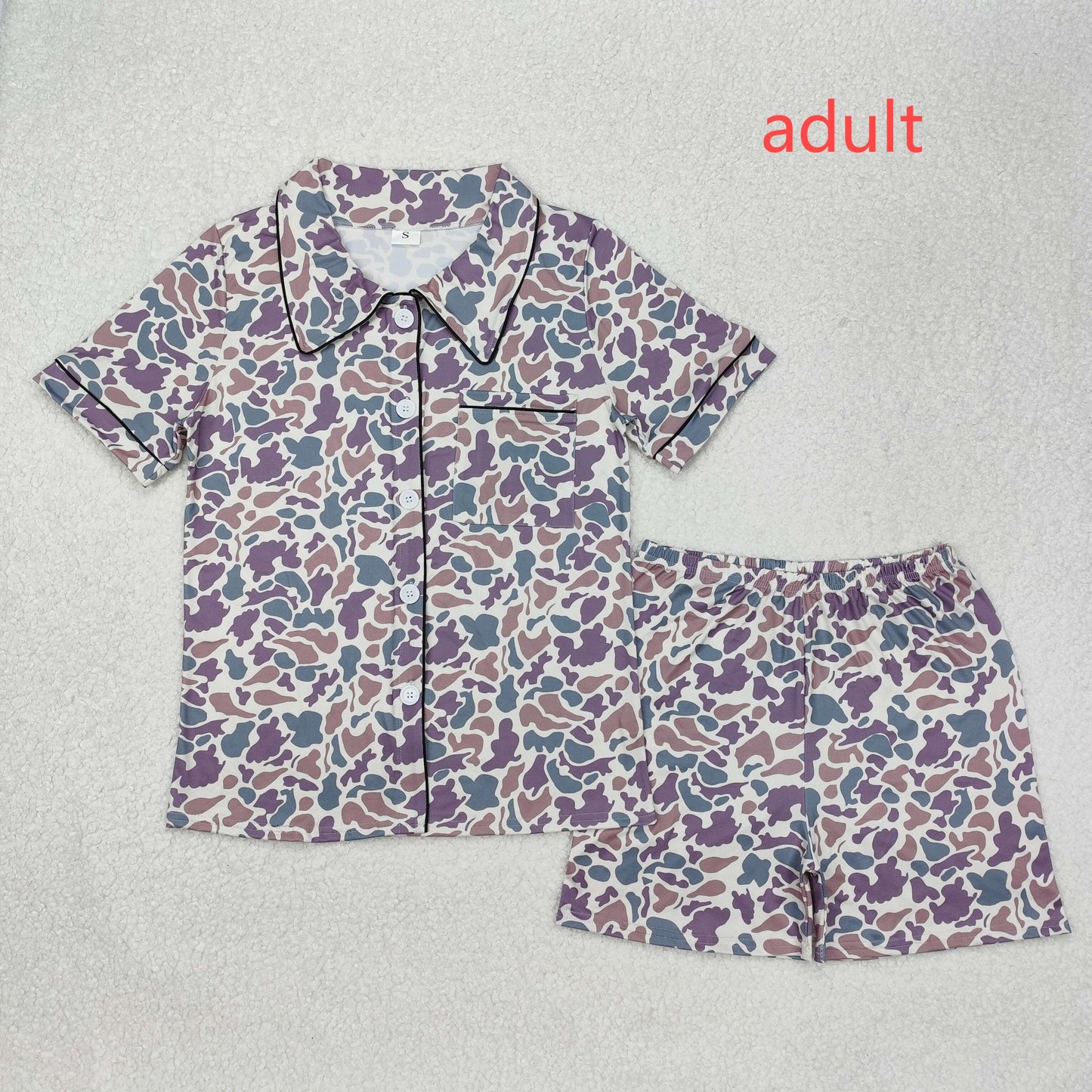 RTS NO MOQ(In Stock) Adult female beige green camouflage short-sleeved shorts pajamas set