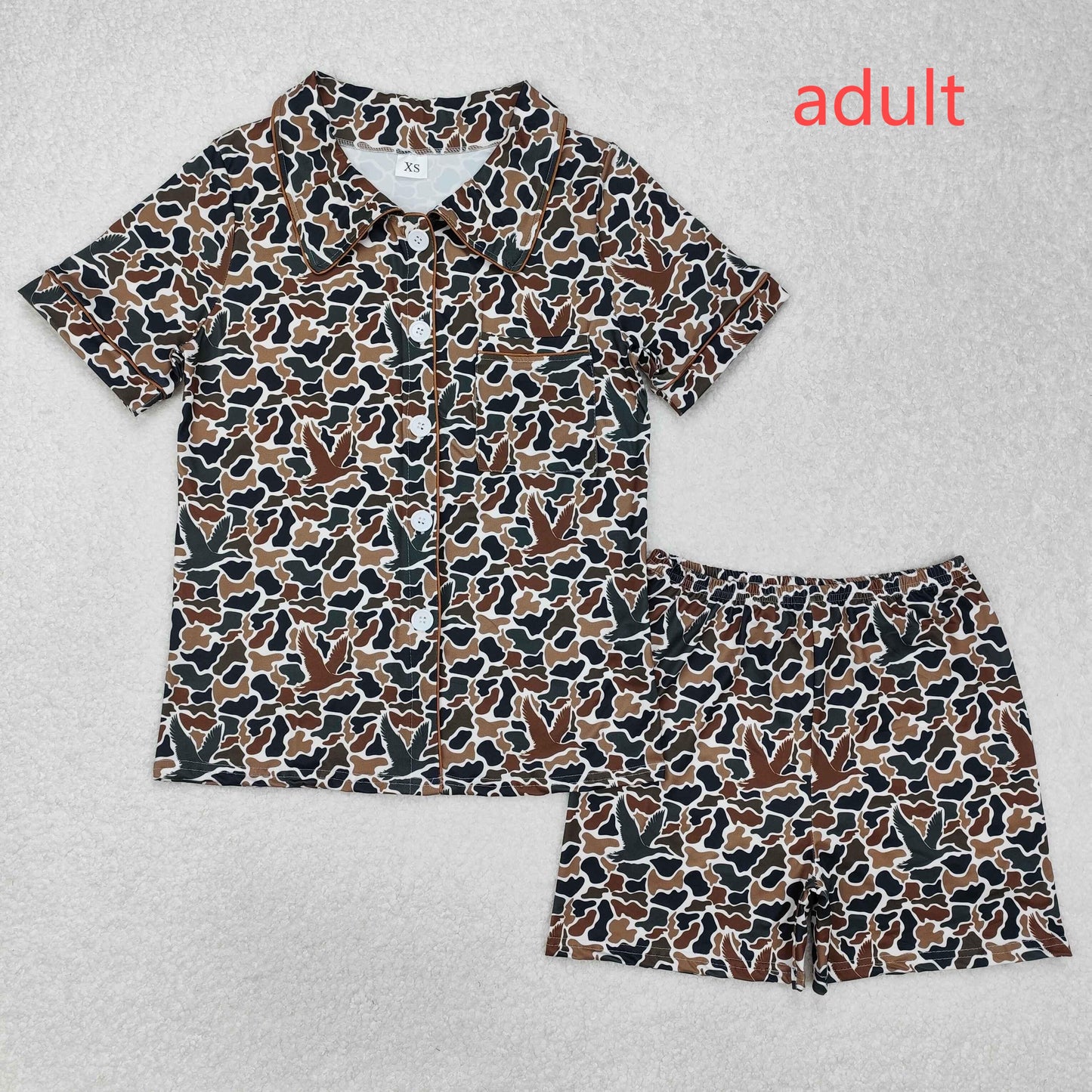 RTS NO MOQ(In Stock) Adult female duck brown green camouflage short-sleeved shorts pajamas set