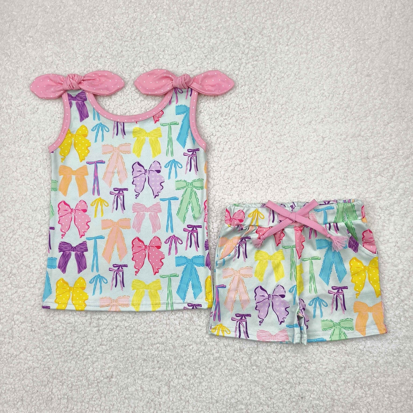 RTS NO MOQ baby boys girls Clothes bow short sleeve shorts Sets