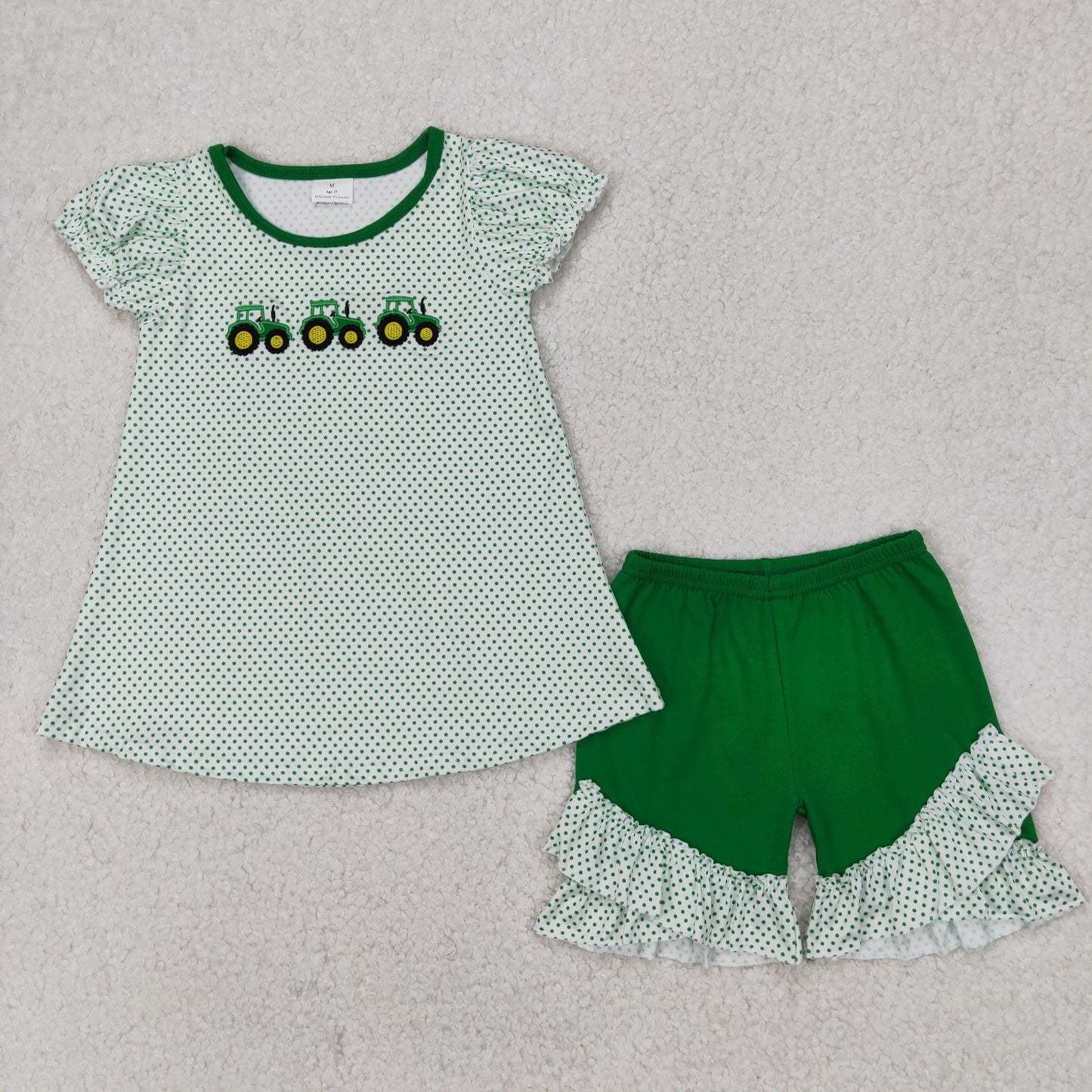 RTS NO MOQ Sibling baby boys girls clothes Embroidered Short Sleeve Green Shorts Sets