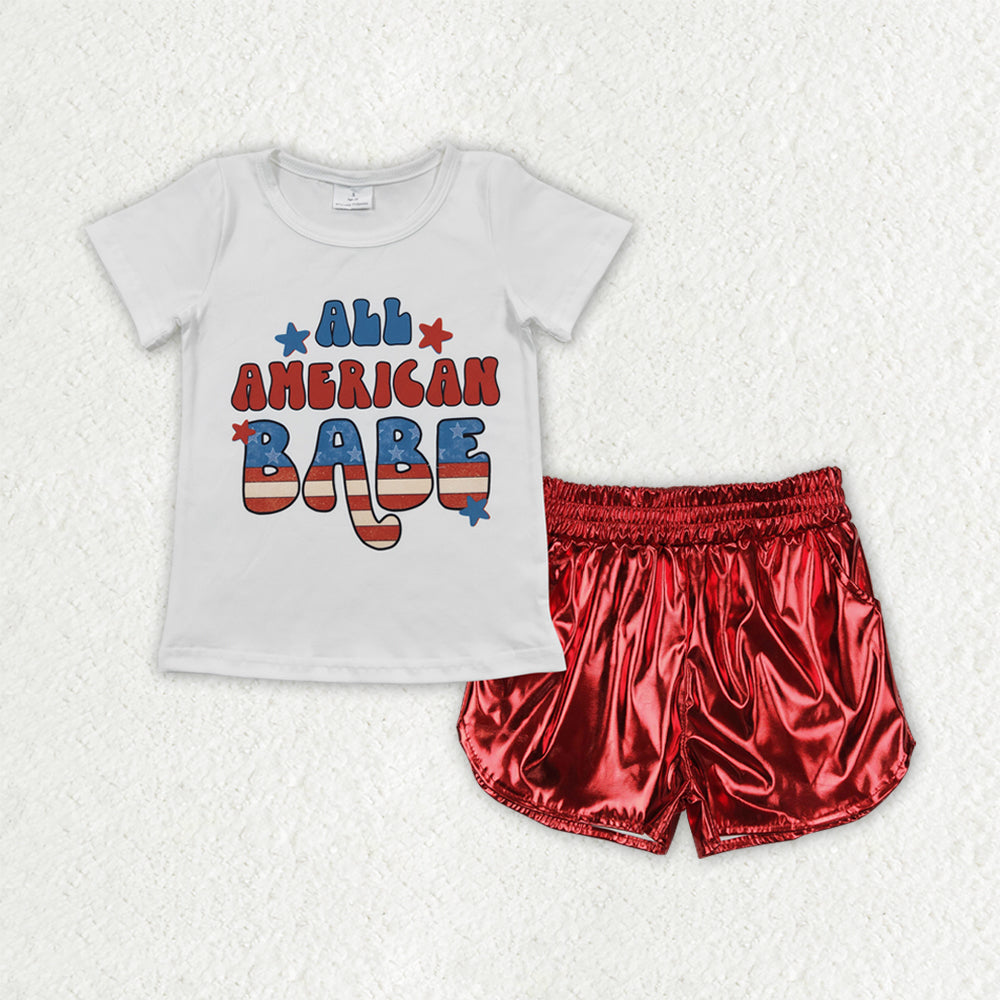 RTS NO MOQ GT0179+SS0415 Girls National Day BABE white short-sleeved top red leather shorts