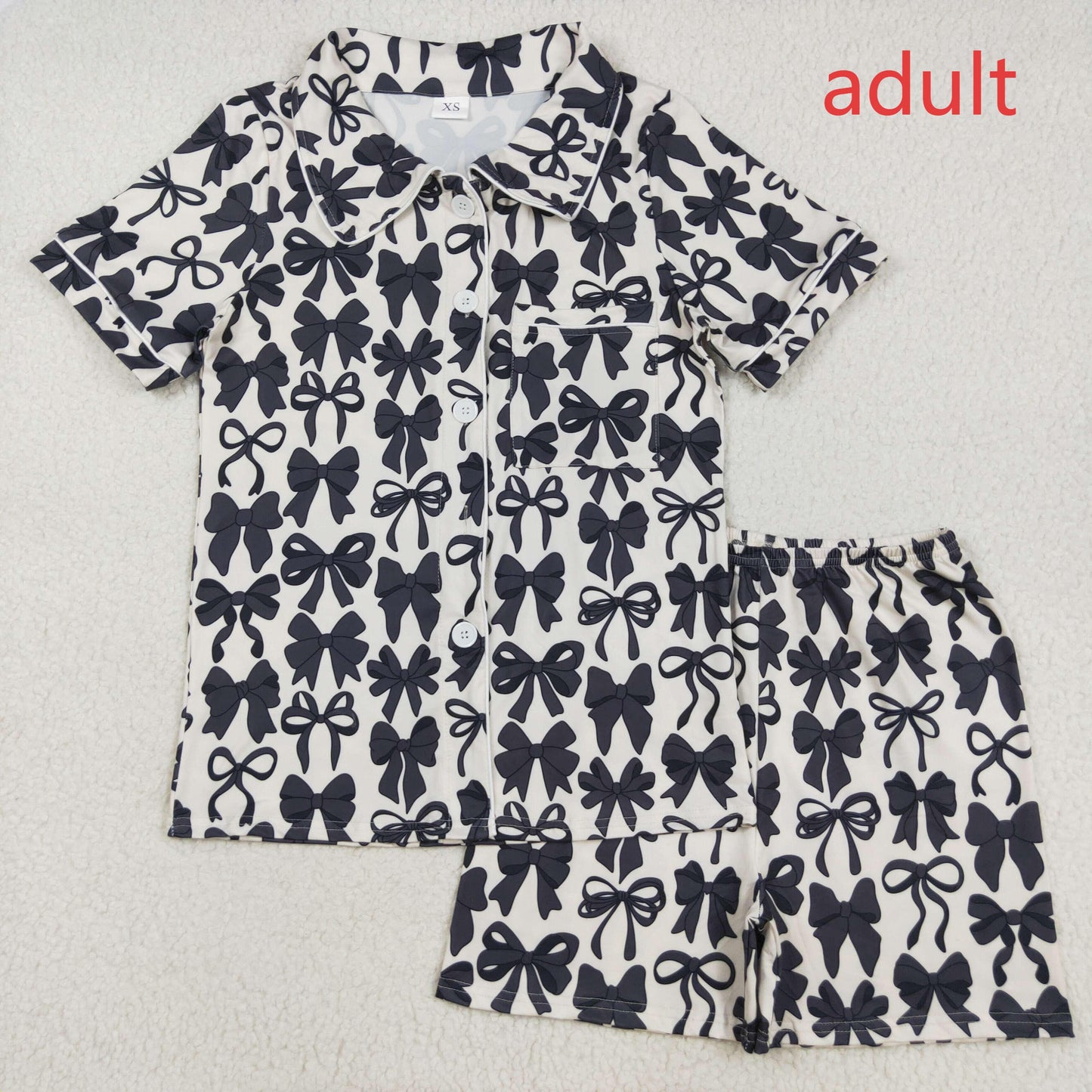 RTS NO MOQ(In Stock) GSSO2664 Adult female black bow pattern white short sleeve shorts pajama set