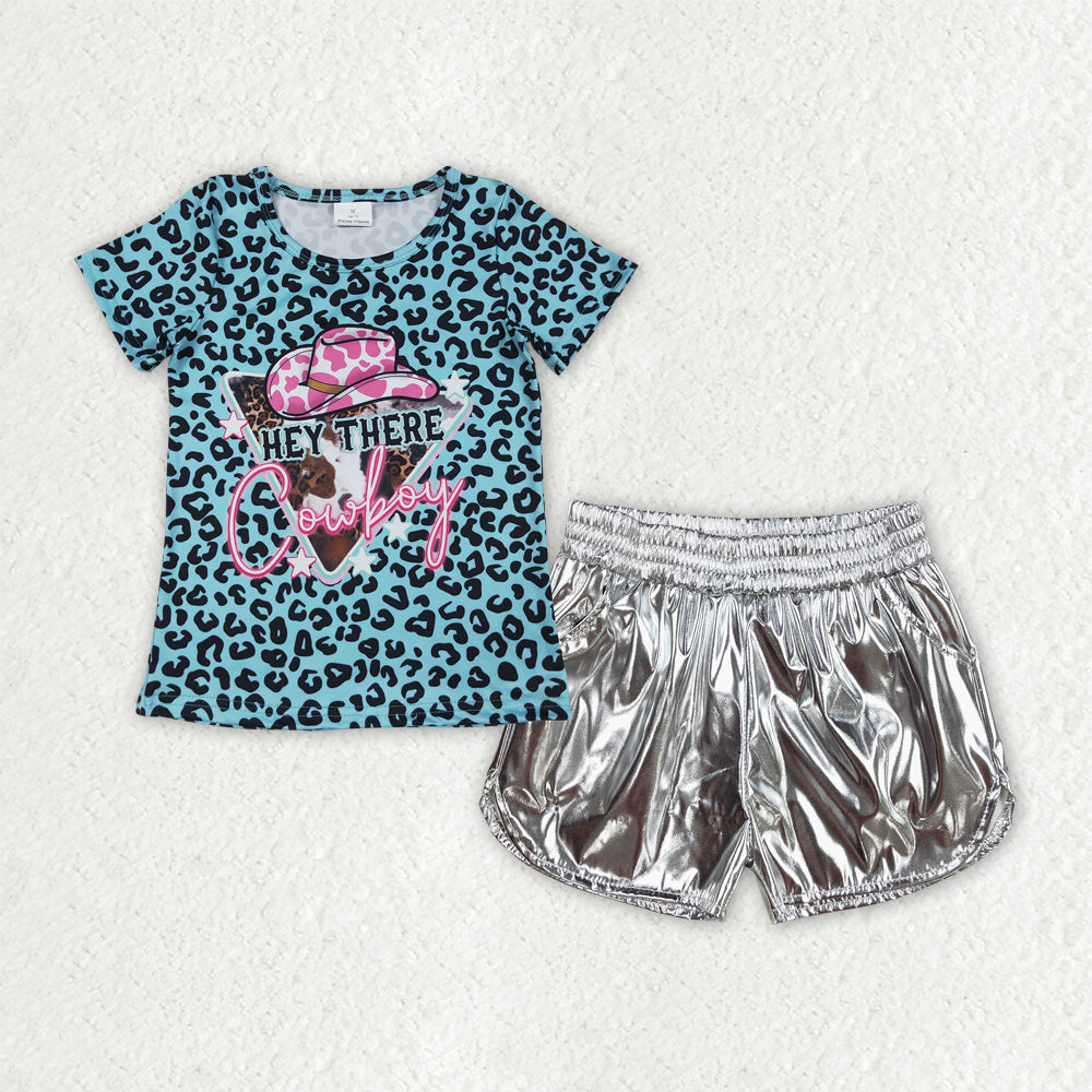 RTS NO MOQ GT0934+SS0416 cowboy hat leopard print blue short-sleeved top glossy leather silver shorts sets-GSSO2693