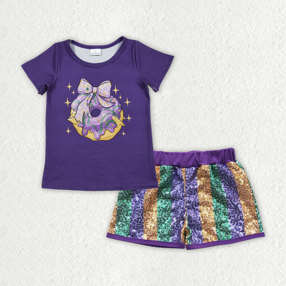 RTS NO MOQ(In Stock) GSSO2712 mardi gras bow short-sleeved top sequined shorts set-GT1252+SS0116