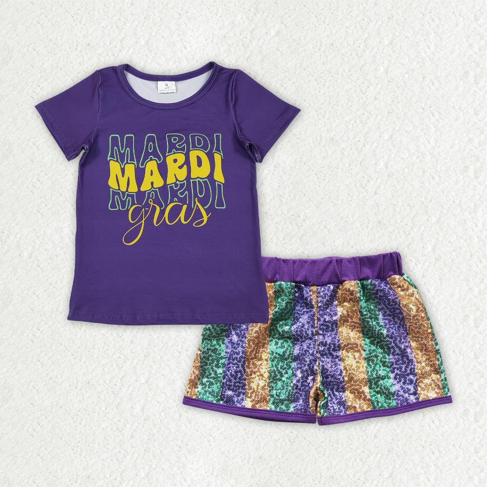 RTS NO MOQ(In Stock) GSSO2713 mardi gras bow short-sleeved top sequined shorts set-GT1253+SS0116