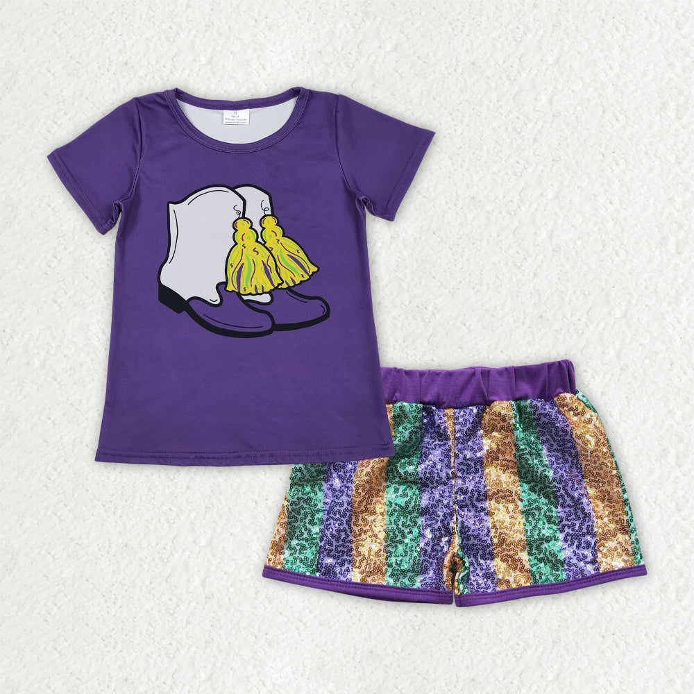 RTS NO MOQ(In Stock) GSSO2714 mardi gras bow short-sleeved top sequined shorts set-GT1254+SS0116