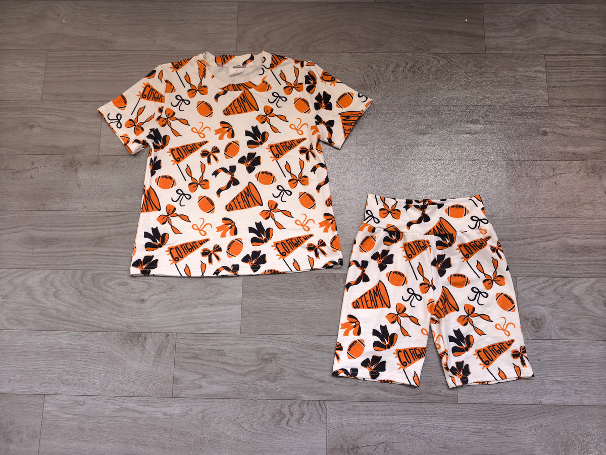 (Sample) No moq milk silk GSSO2724 Baby Girls Black Orange Bows Footballs Team Top Shorts Pajamas Sets