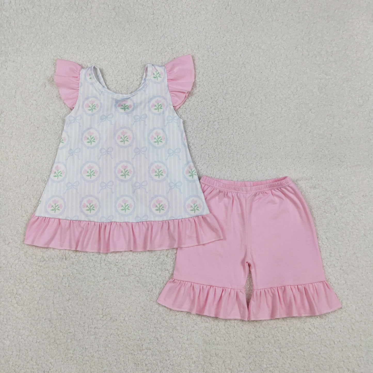 RTS Sibling baby girl clothes floral plaid Short Sleeve Shorts sets