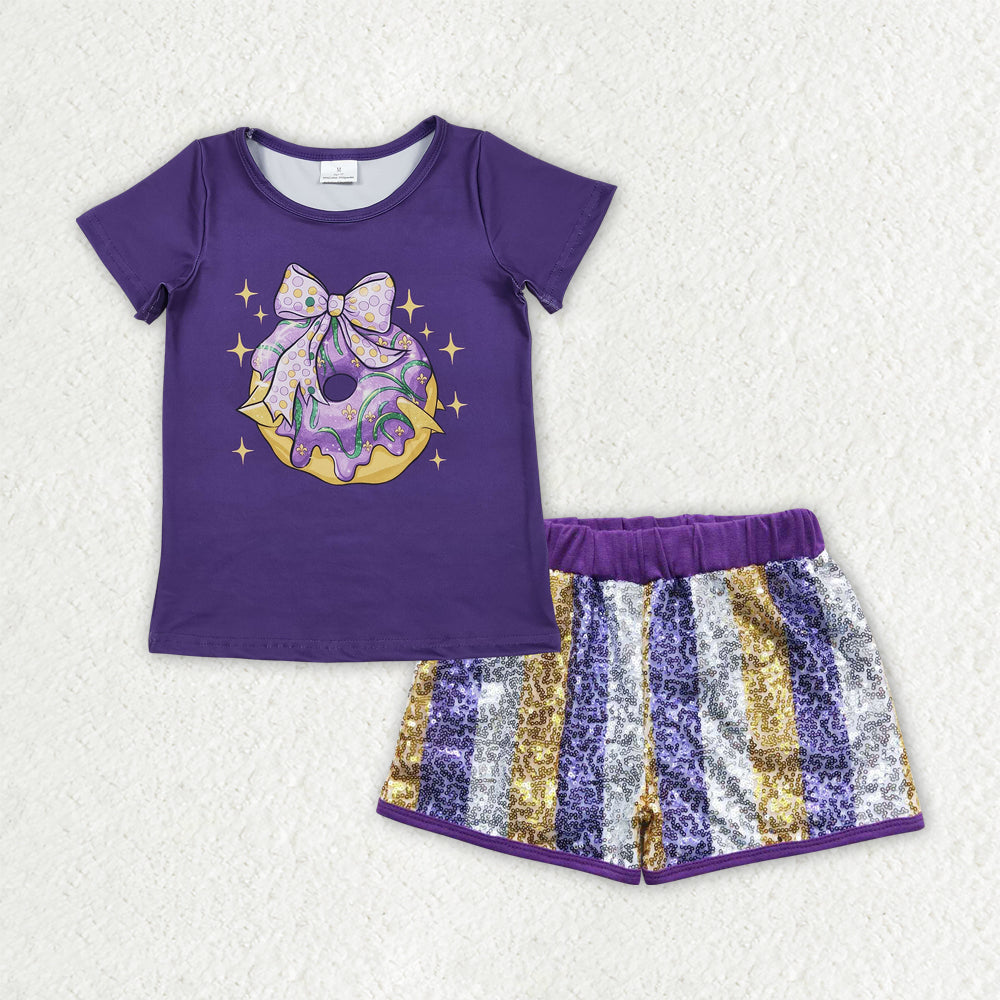 RTS NO MOQ(In Stock) GSSO2804 mardi gras boots short-sleeved top sequined shorts set-GT1252+SS0115