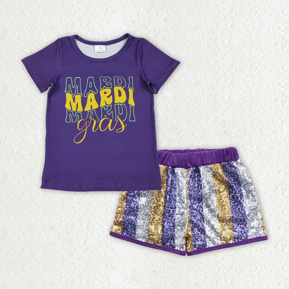 RTS NO MOQ(In Stock) GSSO2805 mardi gras boots short-sleeved top sequined shorts set-GT1253+SS0115
