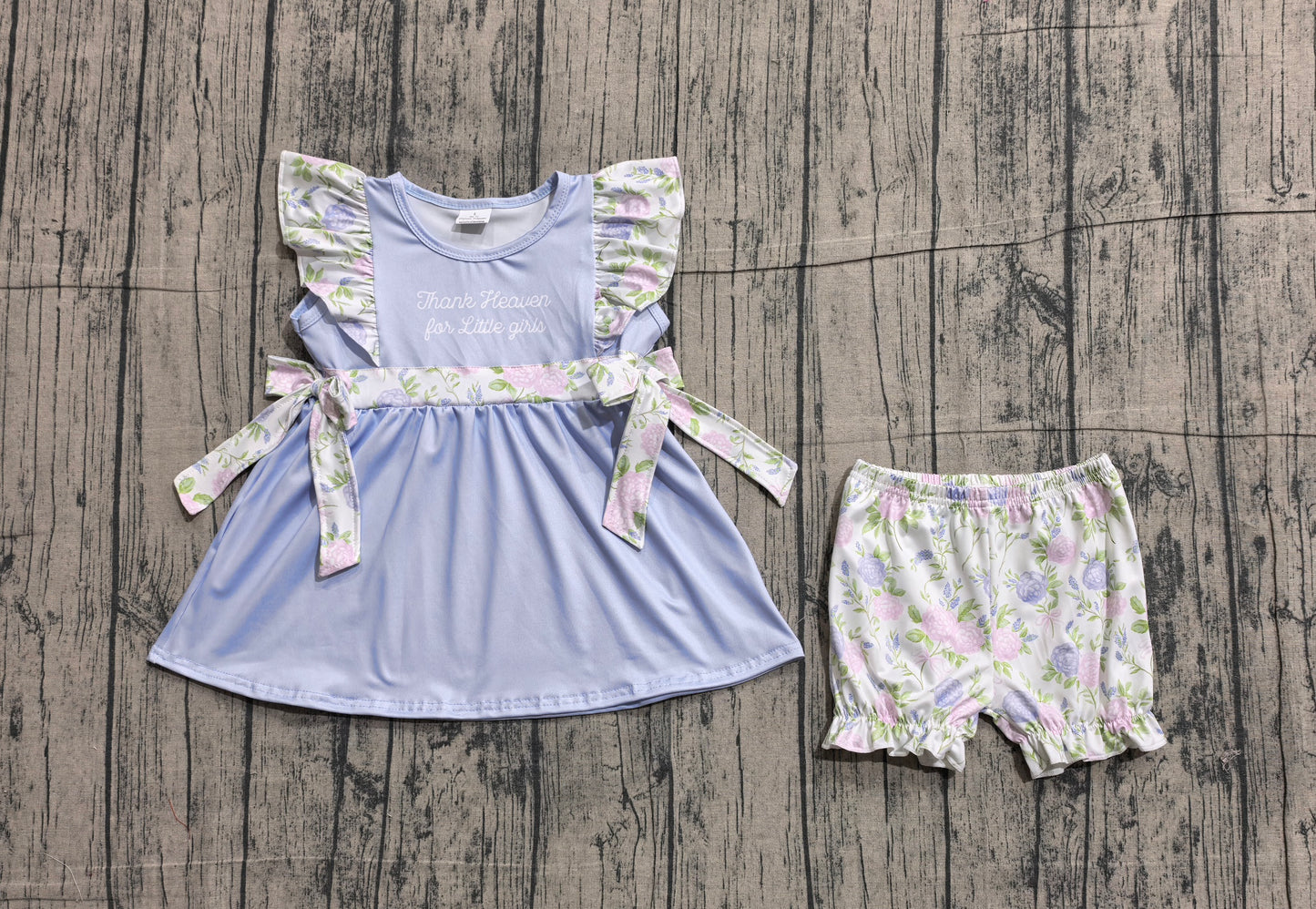 (Sample) No moq GSSO2846 Baby Girls Thank Heaven Little Girl Bows Tunic Ruffle Shorts Outfit Set