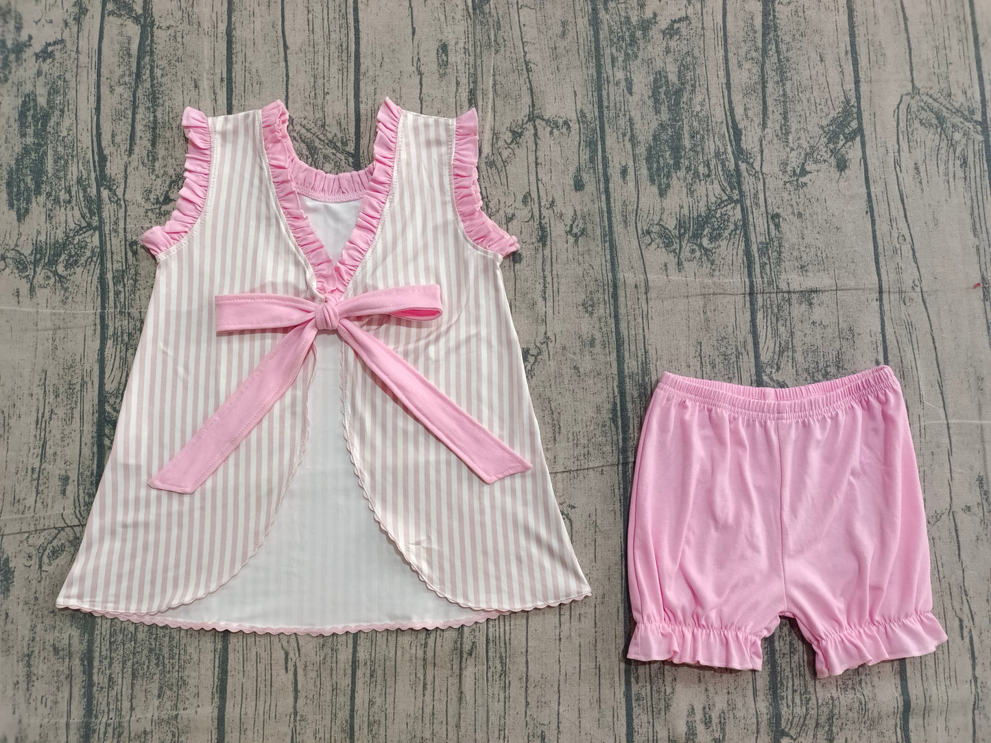 (Sample) No moq GSSO2924 Embroidered Baby Girls Easter Outfit Rabbits Tunic with Back Bows Stripe Ruffle Shorts Set 3XS-6XL
