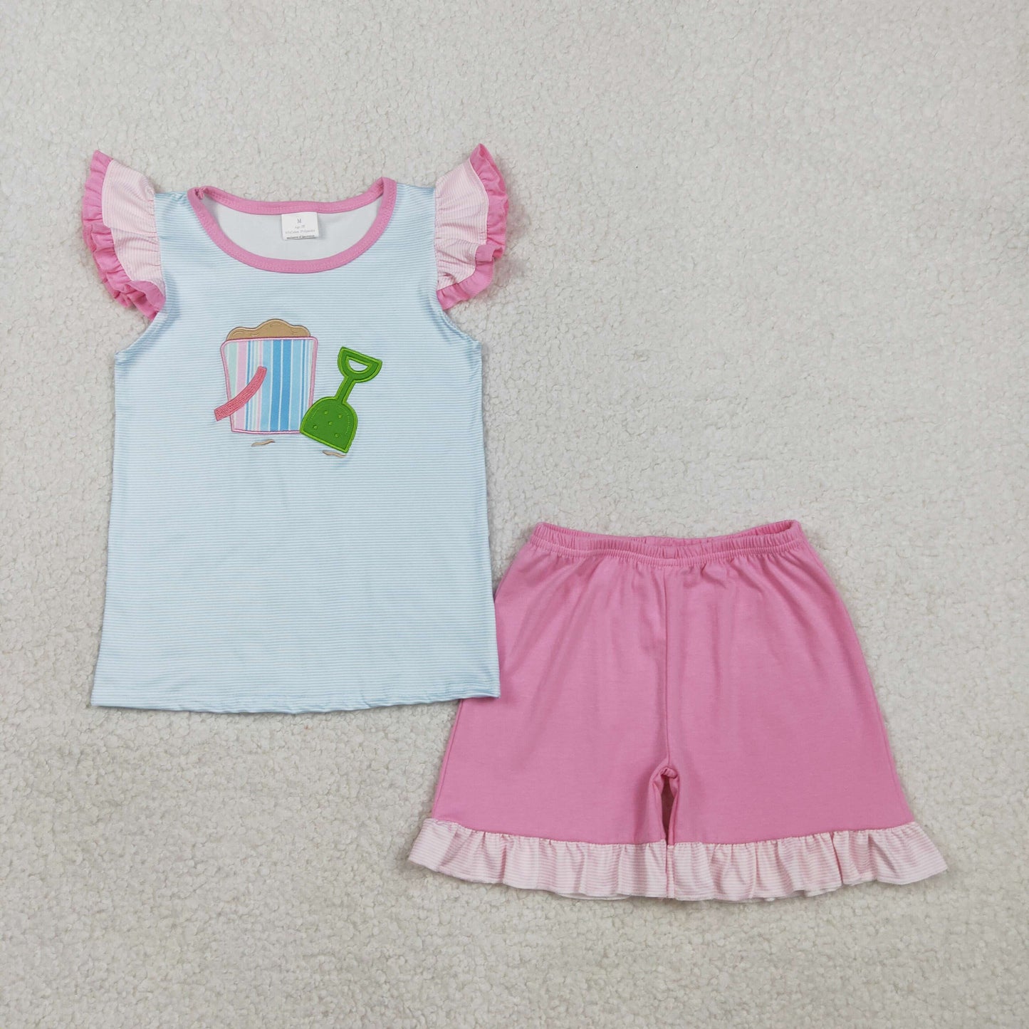 RTS NO MOQ Sibling Embroidery Beach Baby Girls Outfit Set with Flutter Sleeve Top And Ruffle Shorts Clothing