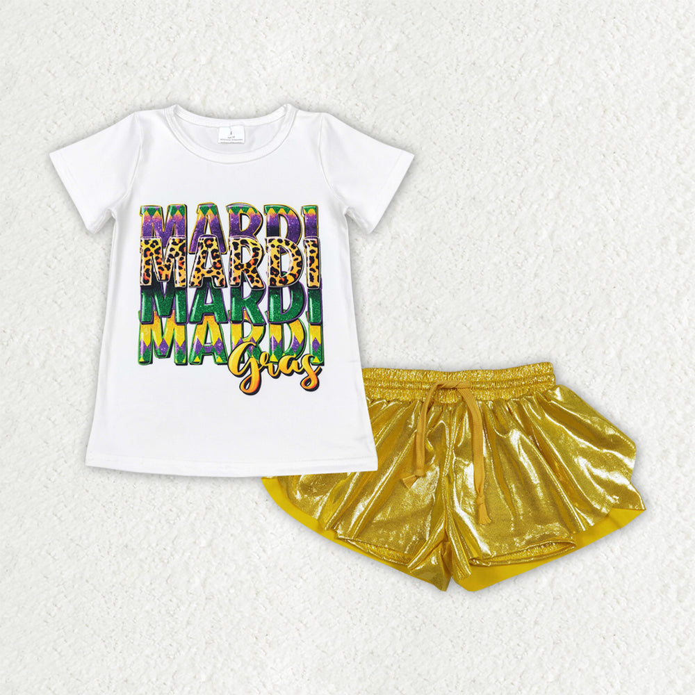 RTS NO MOQ(In Stock) baby girl clothes mardi gras short-sleeved shirt leather shorts sets-GSSO3045