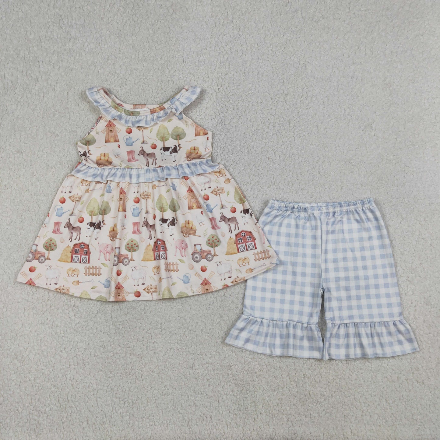 RTS NO MOQ Sibling Baby Girls Sleeveless Farm Animal Tunic And Checked Shorts Set Ruffle Knee-Length Dress