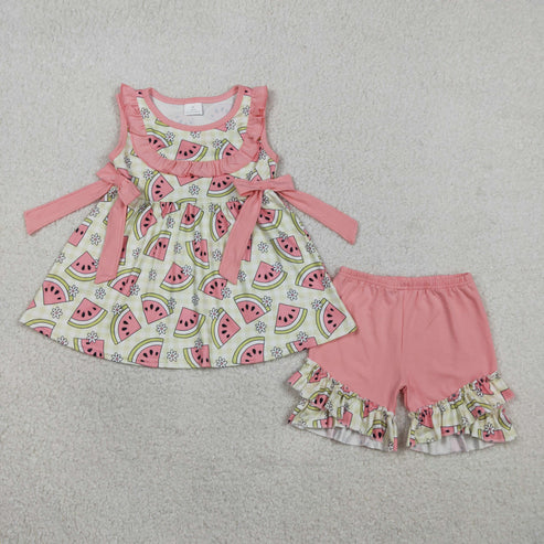 RTS NO MOQ Sibling Baby Girls Sleeveless Print Tunic Top with Ruffle Shorts Outfit Set Cute Summer Clothing
