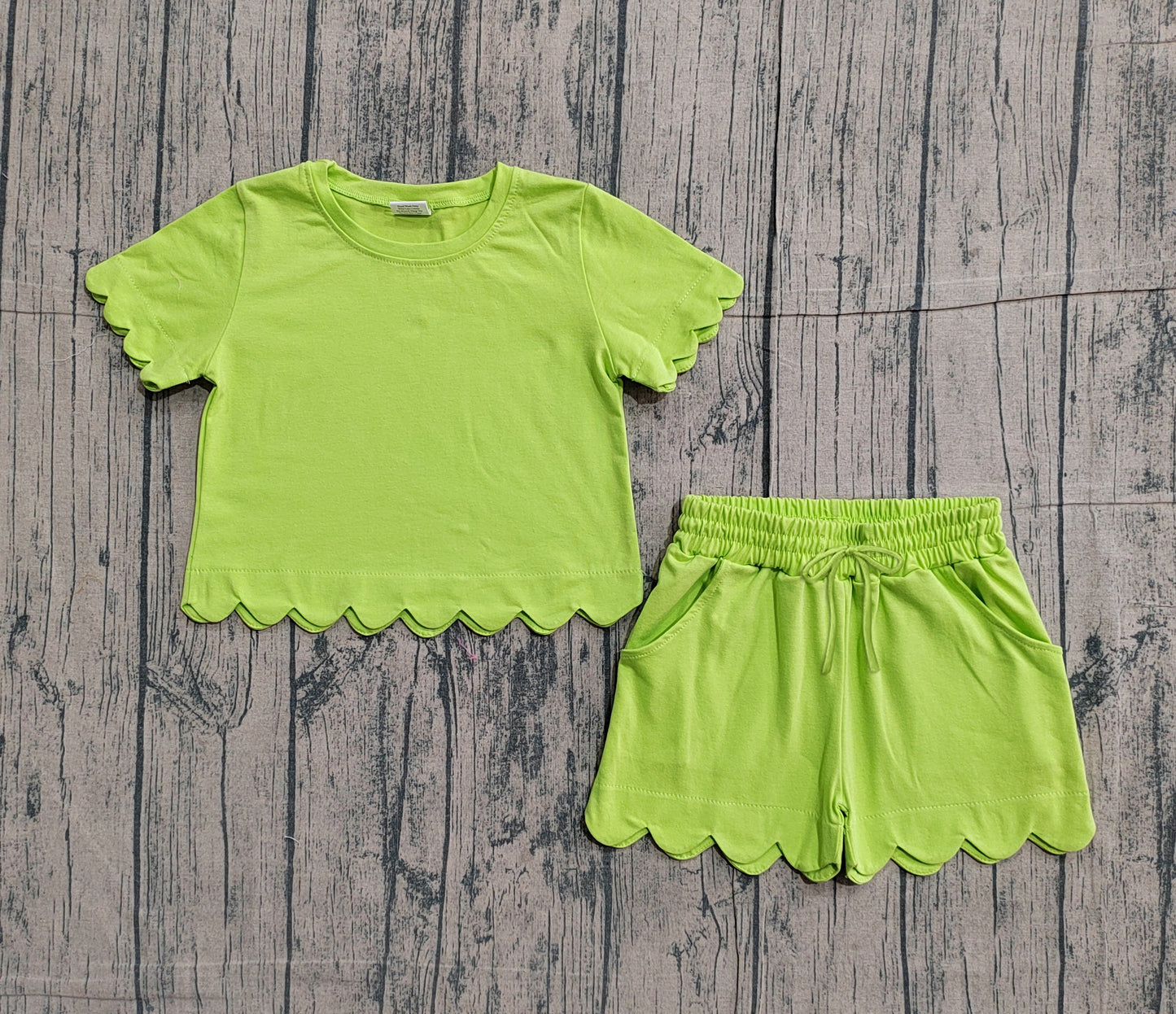 (Pre Order) No moq GSSO3179 Pre-order scallop baby girl clothes green short sleeve shorts sets-26.1.22
