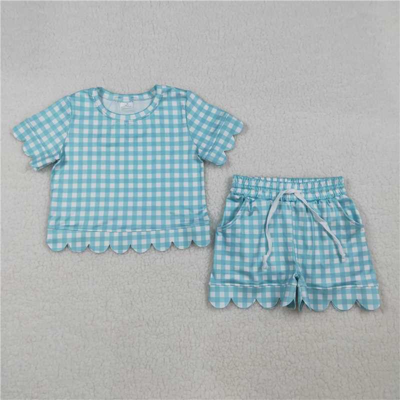 RTS NO MOQ Sibling Baby Girls Colorful Checked Shirt Top Scallop Short with Pockets Set Cute Clothes