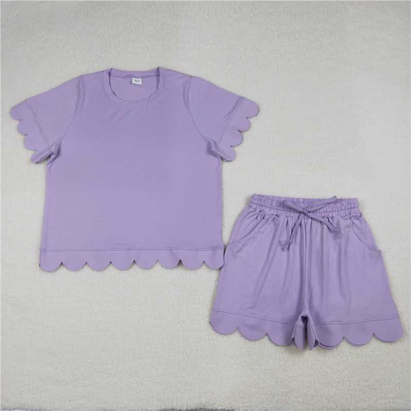 RTS NO MOQ Sibling Mom And Me Lavender Short Sleeve Top With Pockets Scallop Shorts Sets
