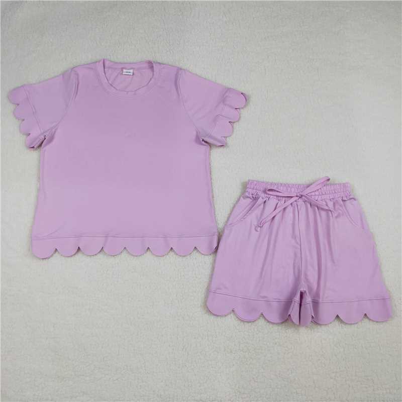 RTS NO MOQ Sibling Mom And Me Pink Short Sleeve Top With Pockets Scallop Shorts Sets