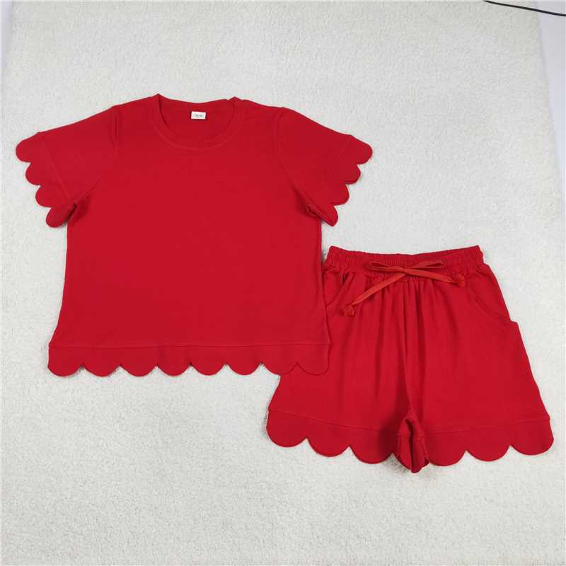 RTS NO MOQ Sibling Mom And Me Red Short Sleeve Top With Pockets Scallop Shorts Sets