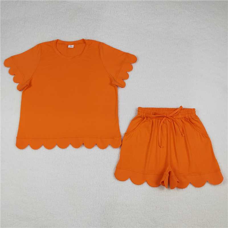 RTS NO MOQ Sibling cotton Adult Women's Solid Color Short Sleeve Shirt Top with Pockets Short Scallop Clothes Set