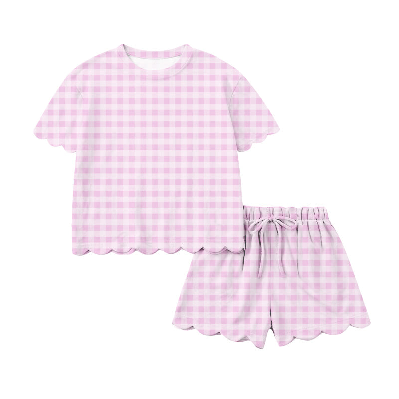 (Pre Order) No moq GSSO3216 Pre-order scallop adult clothes summer pink plaid short sleeve shorts sets-26.1.16