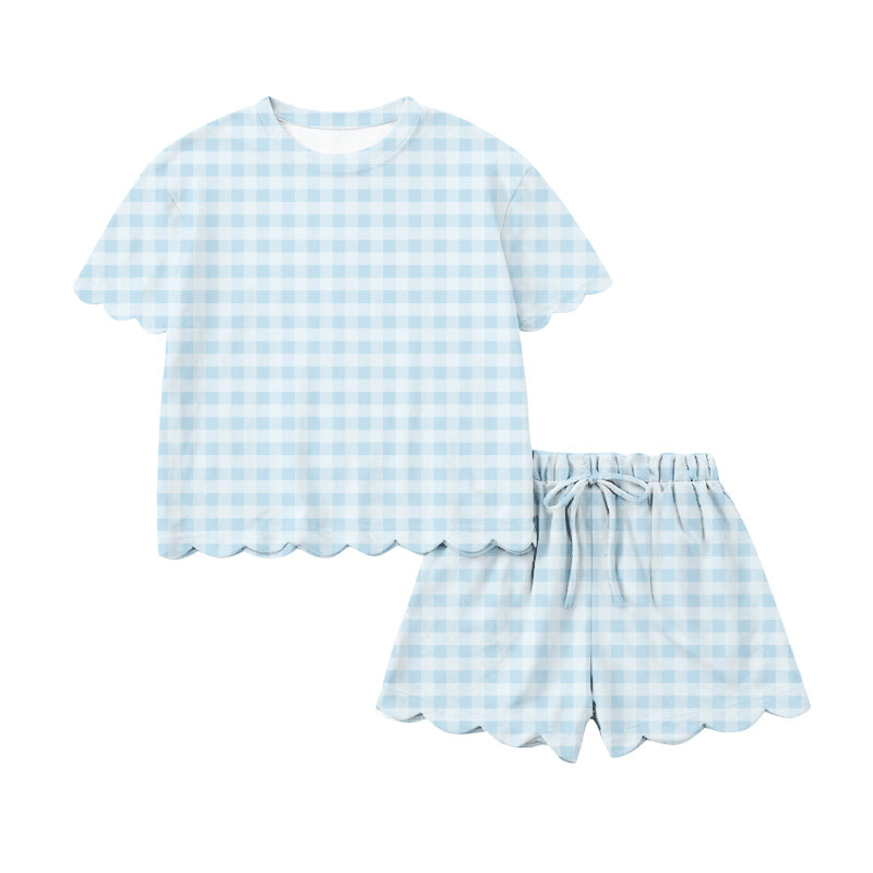 (Pre Order) No moq GSSO3217 Pre-order scallop adult clothes summer plaid short sleeve shorts sets-26.1.16