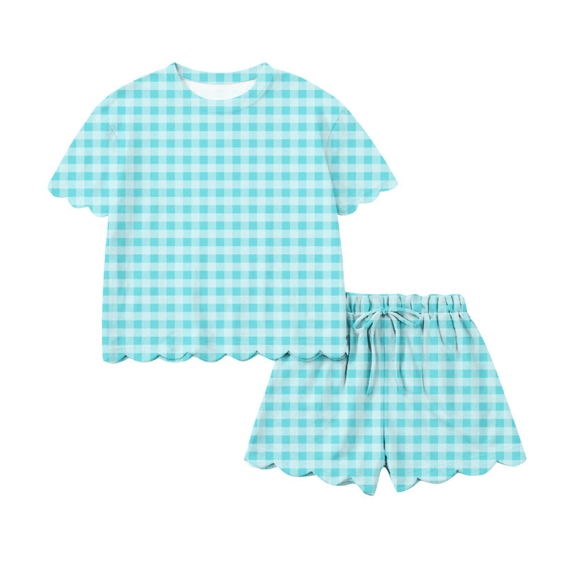 (Pre Order) No moq adult scallop Plaid summer short-sleeved and shorts set