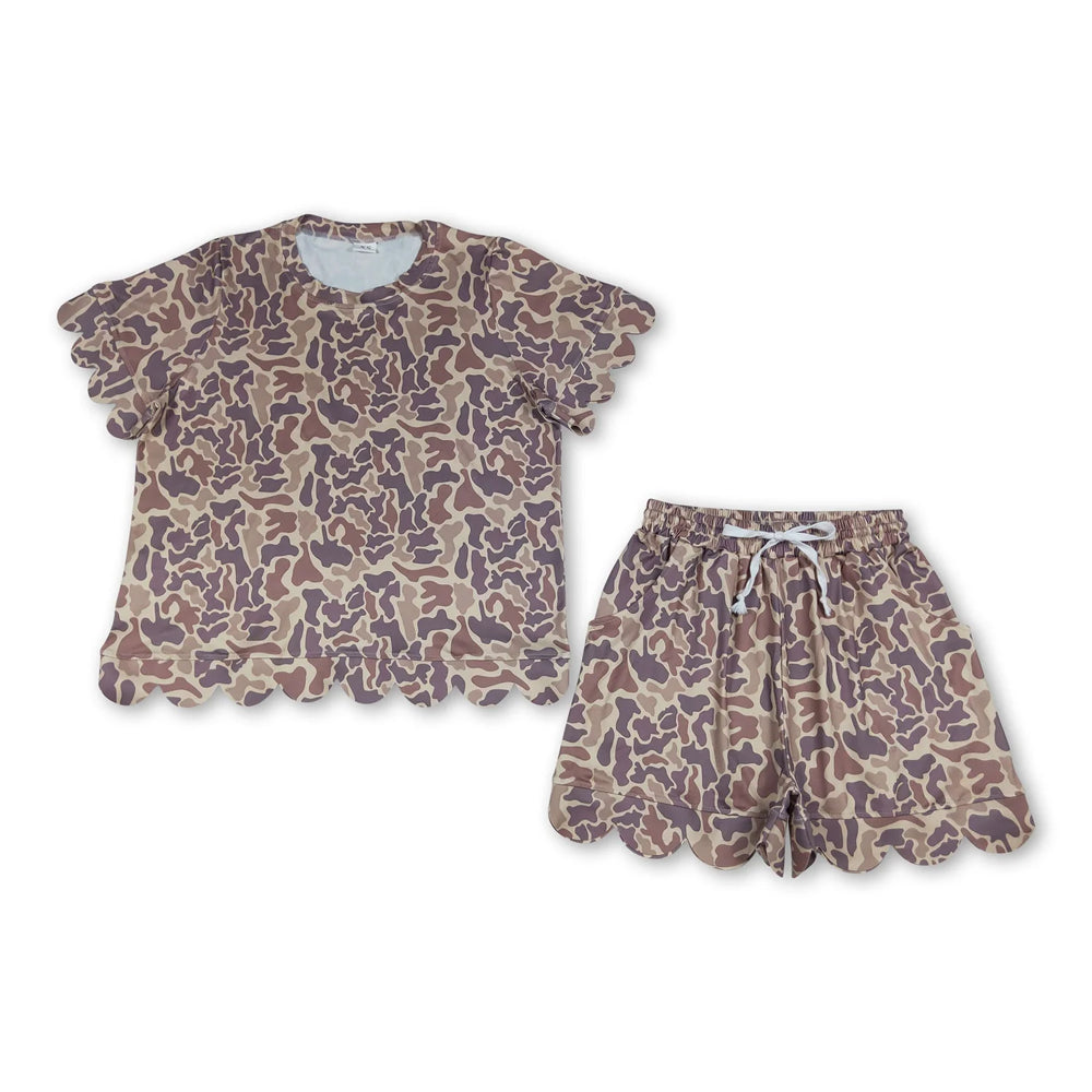 RTS NO MOQ Sibling milk silk Adult Women's Camo Print Scallop Hem Top Pockets Short Scallop Clothes Sets