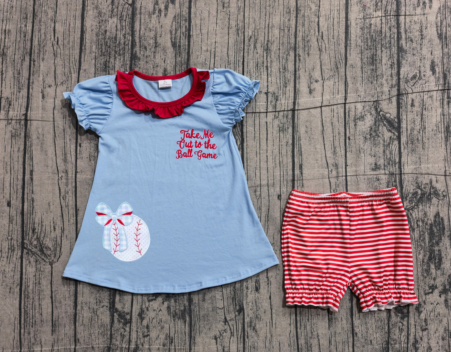 (Sample) No moq GSSO3245 Embroidery Baby Girls Baseballs Bows Tunic Top with Stripe Ruffle Shorts