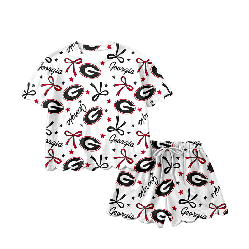 (Pre Order) No moq GSSO3250 Pre-order scallop baby girl clothes team bow short sleeve shorts sets-2026.1.20