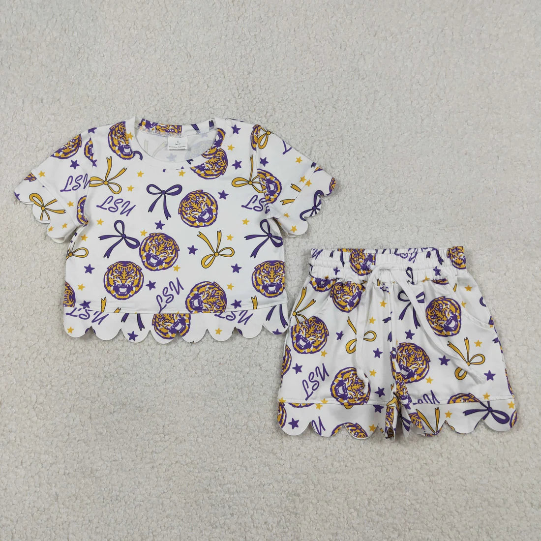 Best Sell RTS Baby Girls Tiger Scallop Top And Shorts Set with Bow Team Color Outfit for Infants