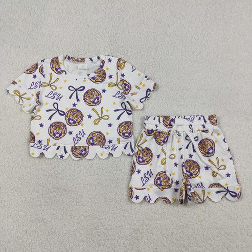 RTS NO MOQ Sibling Baby Girls Bow Team Top with Pockets Short Scallop Outfit Set Cute Clothing