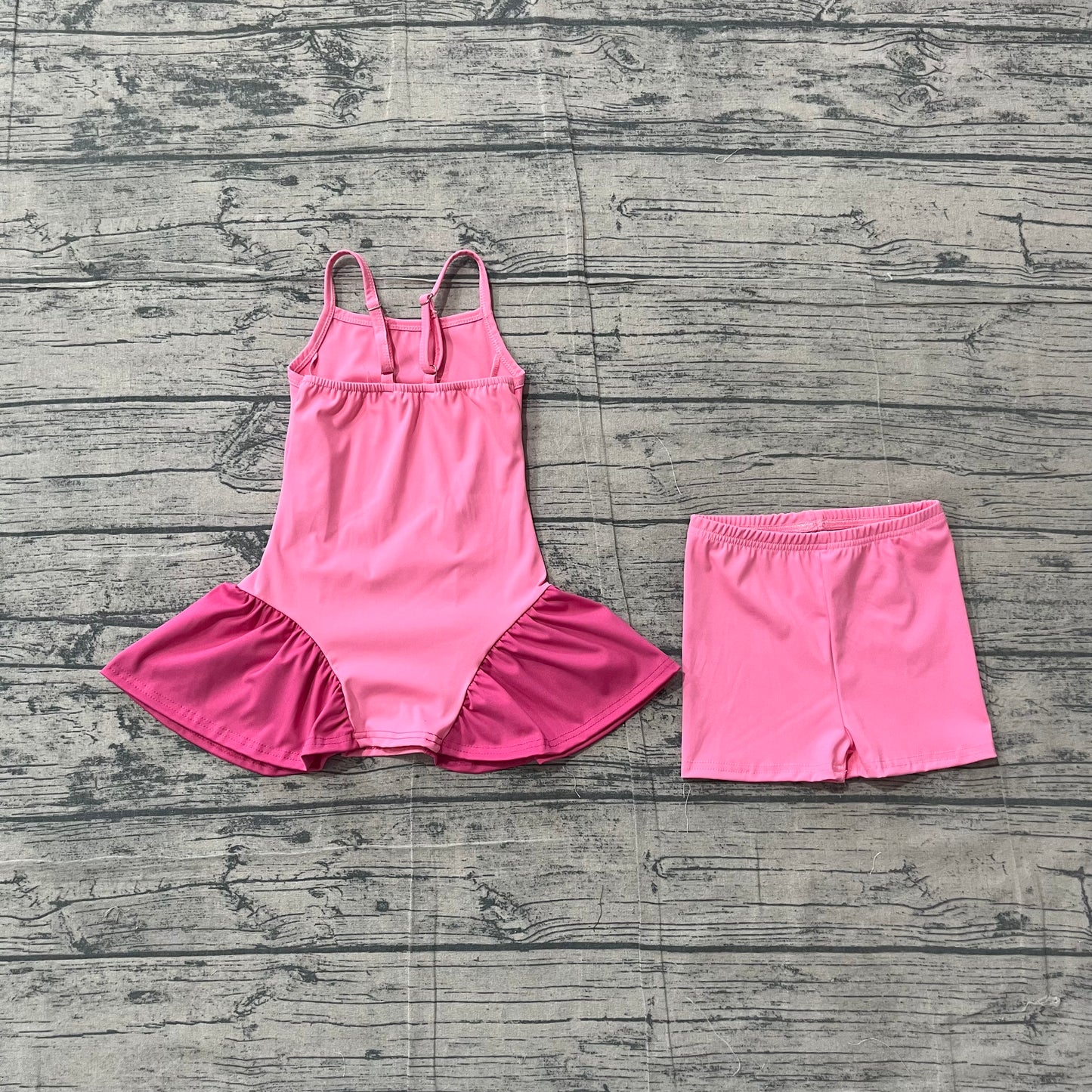 (Sample) No moq GSSO3259 (GSD3688+SS0826)Yoga Baby Girls Pink Strap Yoga Active Tunic Shorts Set