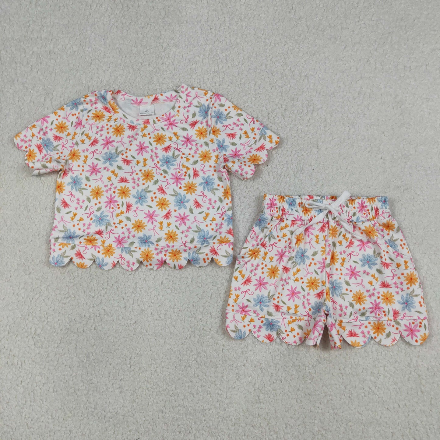 RTS NO MOQ Sibling Baby Girls Colorful Flowers Checked Scallop Top And Shorts Set Cute Outfit