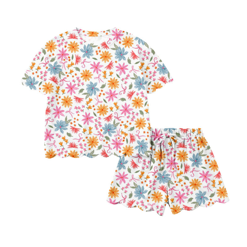 (Pre Order) No moq GSSO3269 Pre-order scallop baby girl clothes floral bow short sleeve shorts sets-2026.1.21