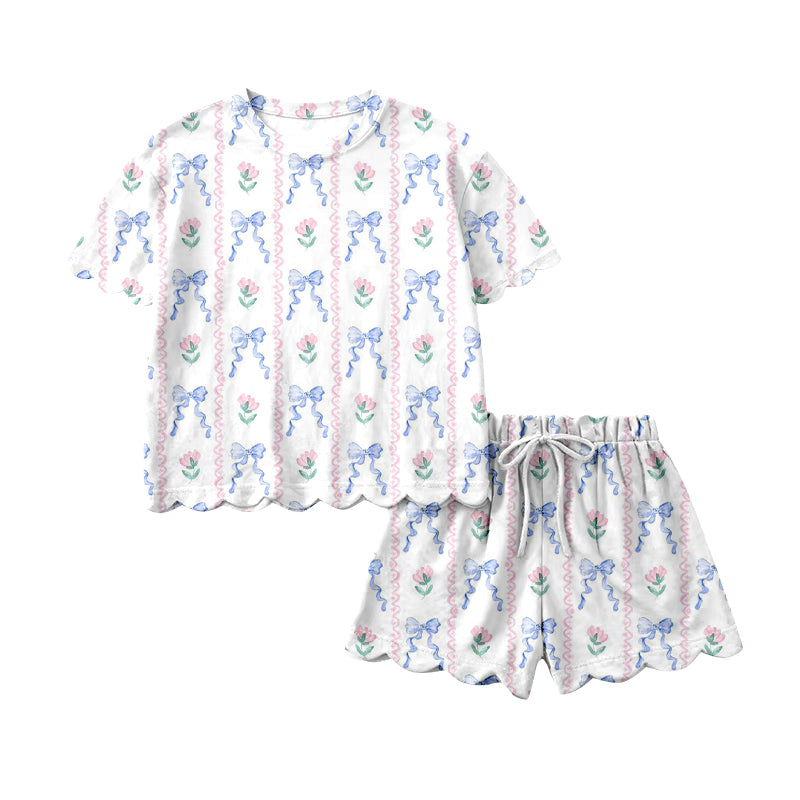 (Pre Order) No moq GSSO3272 Pre-order scallop baby girl clothes floral bow short sleeve shorts sets-2026.1.21