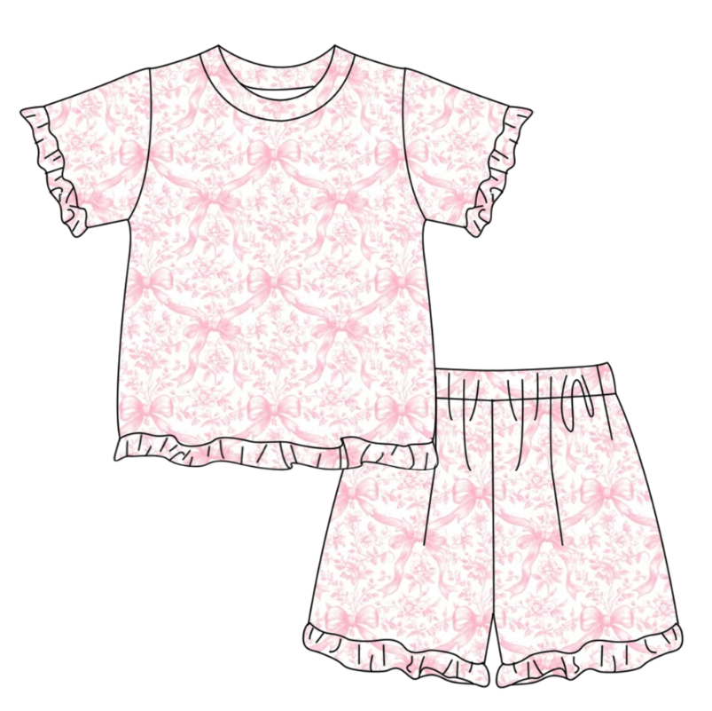 (Pre Order) No moq GSSO3320 Baby Girls Pink Bows And Flowers Top with Ruffle Shorts Pajamas Set Cute Clothes Outfit for Infants