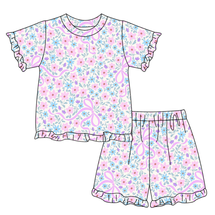 (Pre Order) No moq GSSO3322 Baby Girls Pink Bows And Flowers Top with Ruffle Shorts Pajamas Set Cute Clothes Outfit for Infants
