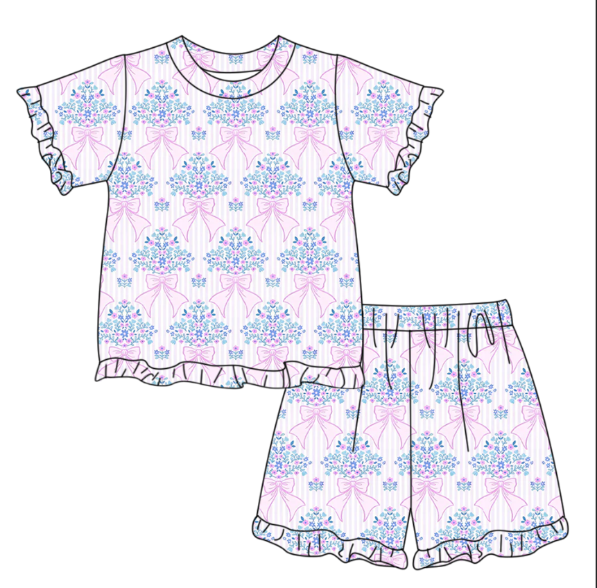 (Pre Order) No moq GSSO3324 Baby Girls Pink Pajamas Clothes Set with Stripe Bow Flowers Top And Ruffle Shorts