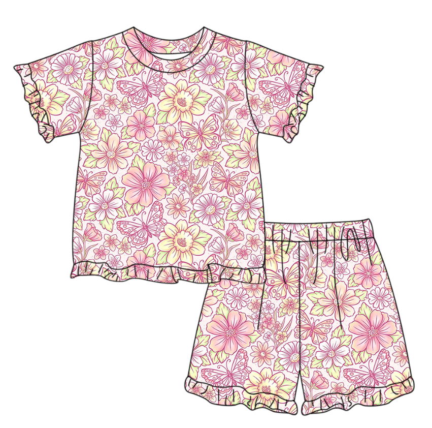 (Pre Order) No moq GSSO3325 Baby Girls Pink Butterfly Flowers Ruffle Shorts Pajamas Top Set Cute Clothes Outfit for Little Ones