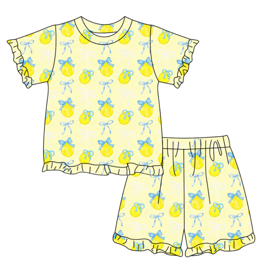 (Pre Order) No moq GSSO3326 Baby Girls Bows Lemon Print Top Ruffle Shorts Pajamas Set Cute Clothes Outfit for Infants