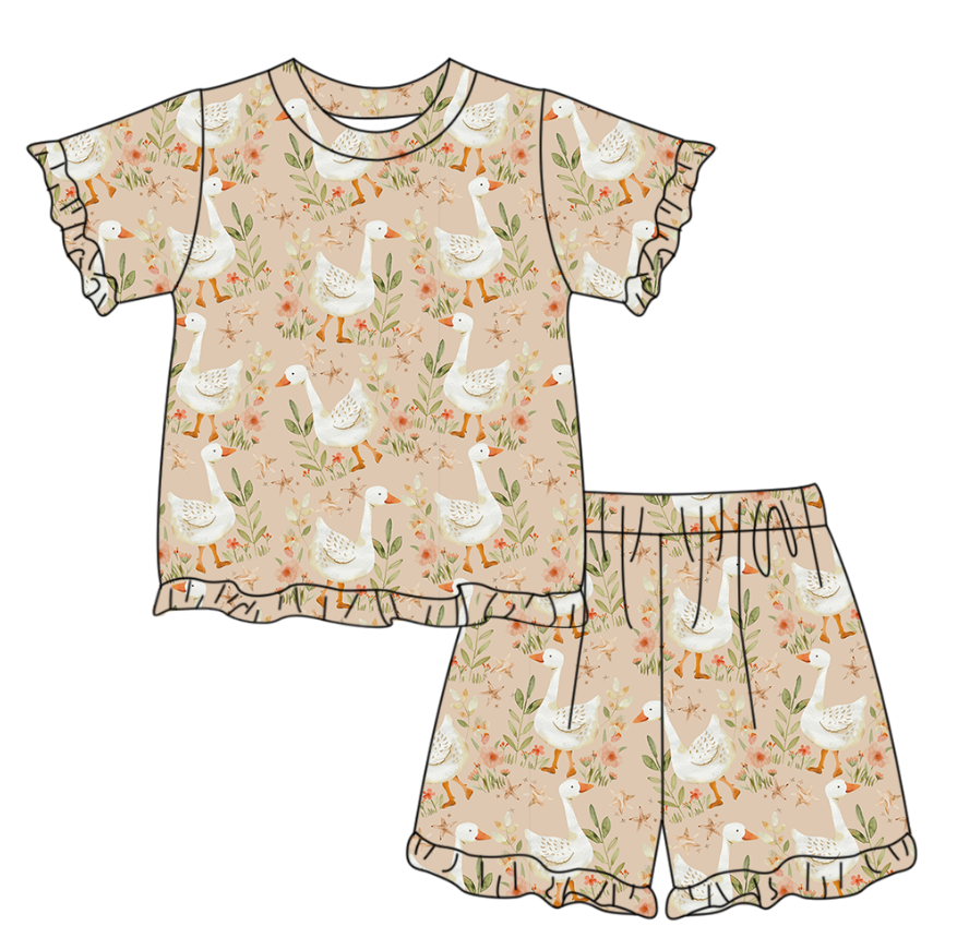 (Pre Order) No moq GSSO3329 Baby Girls Floral Goose Print Top with Ruffle Shorts Pajamas Set Cute Clothes Outfit for Little Ones