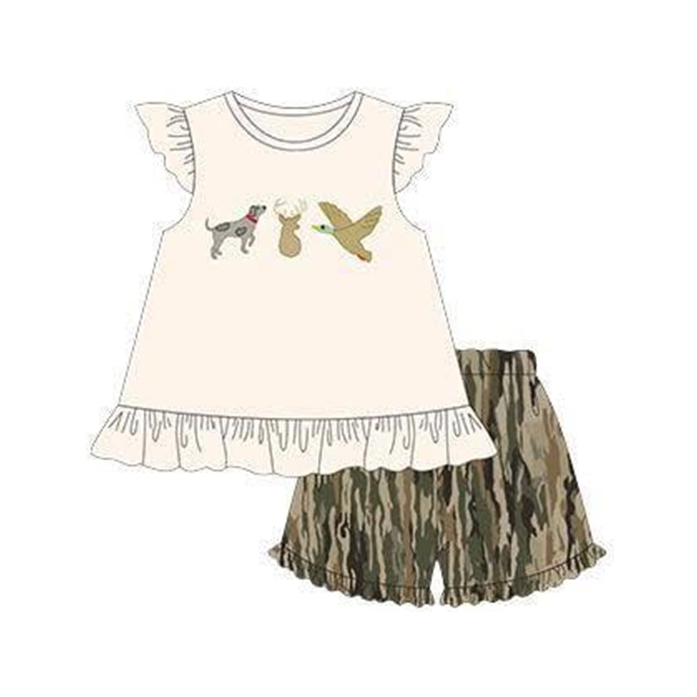 (Pre Order) No moq Camouflage Shorts Set for Boys And Girls with Dog Deer And Duck Print Short-Sleeved Top And Overalls Kids' Outdoor Clothing